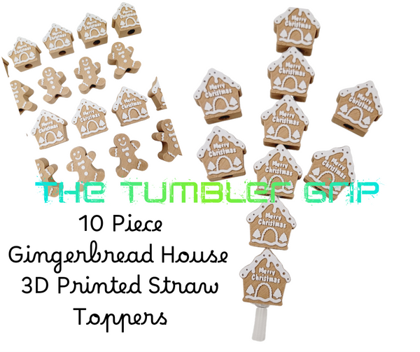 10 Piece Set Christmas Gingerbread BROWN Houses Straw Toppers