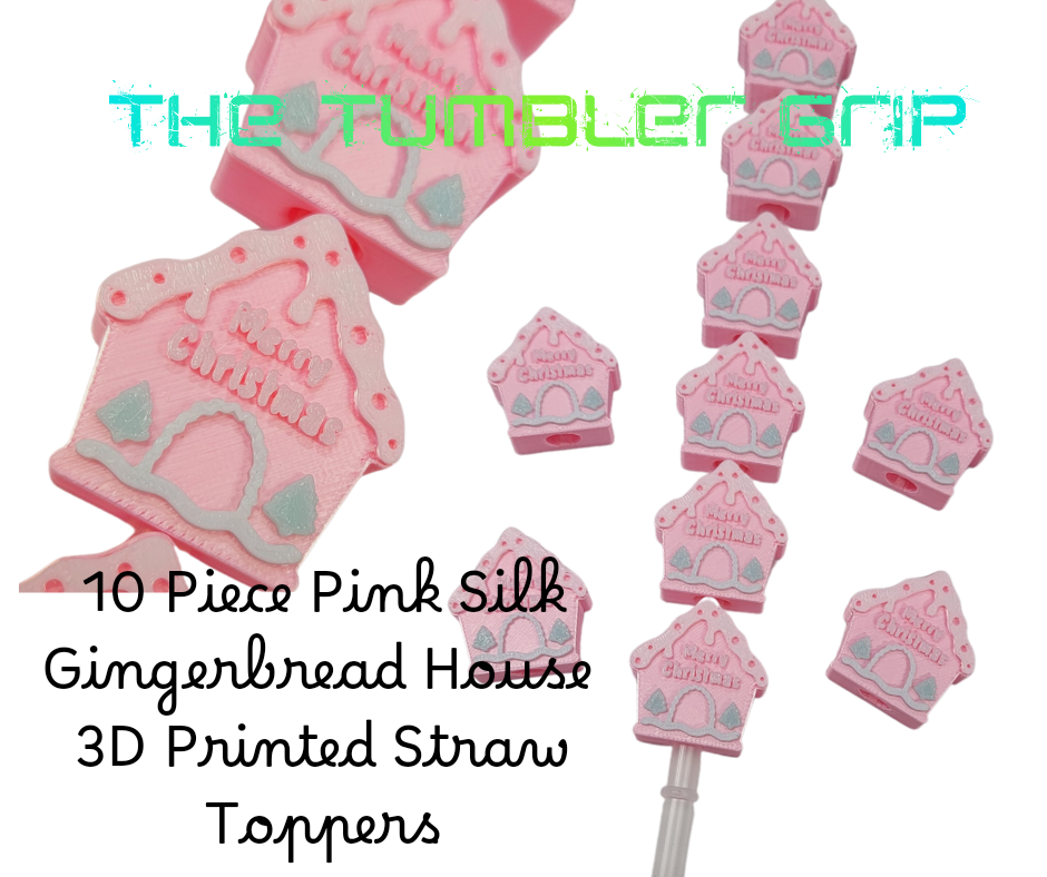 10 Piece Set Christmas Gingerbread PINK Houses Straw Toppers