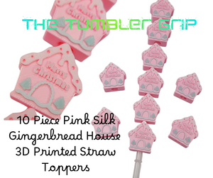 10 Piece Set Christmas Gingerbread PINK Houses Straw Toppers