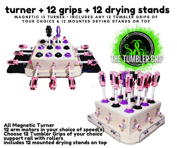 12 Arm Squared Turner - Turner + 12 Tumbler Grips + 12 Drying Stands